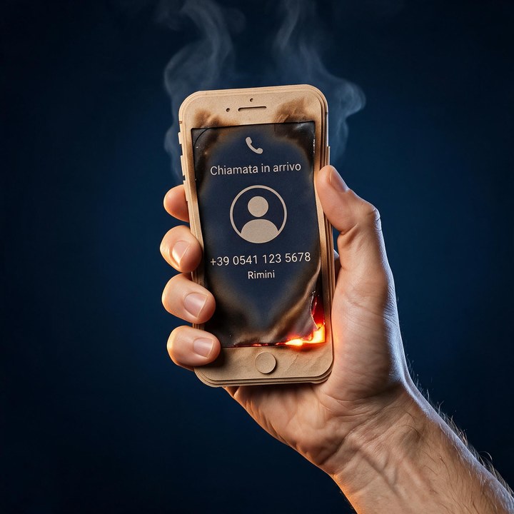 Un telefono di carta che squilla in mano e comincia a bruciare